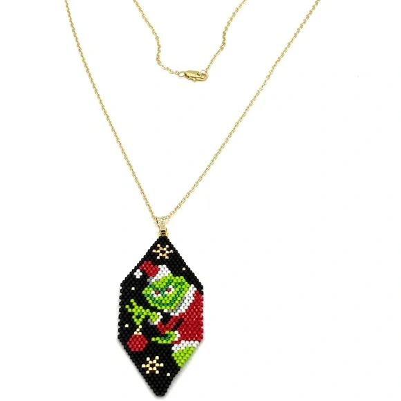 Hand Crafted Beaded Grinch Pendant Necklace 14k Gold Chain - Picture 4 of 9